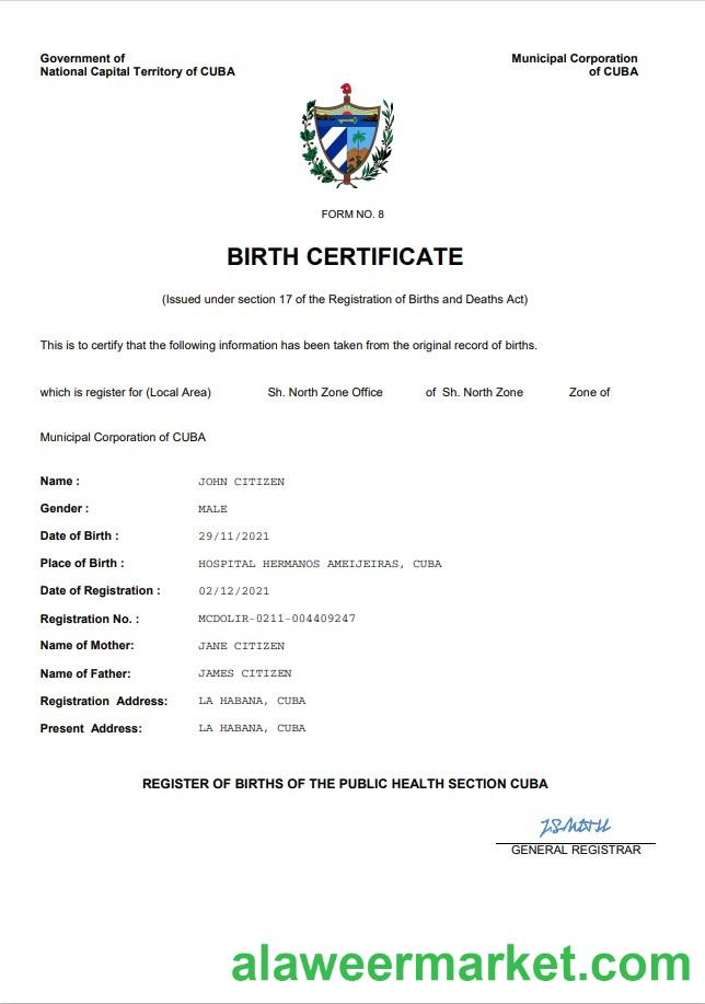 Cuba vital record birth certificate Word and PDF template